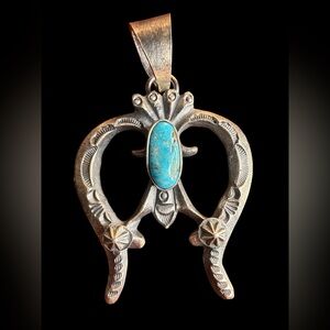 Vintage Navajo Sterling Silver Turquoise Naja Pendant KB Sand Cast Southwestern
